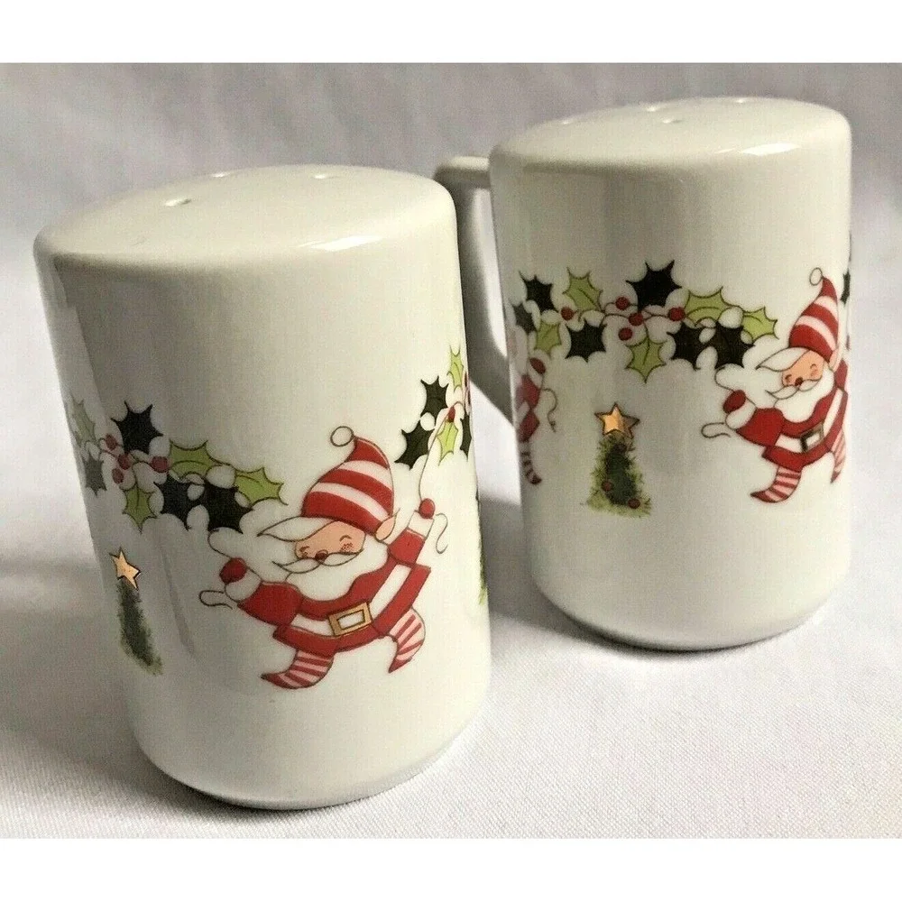 Santa Elf Salt and Pepper Shakers Japan MCM with handles Porcelain Christmas EUC